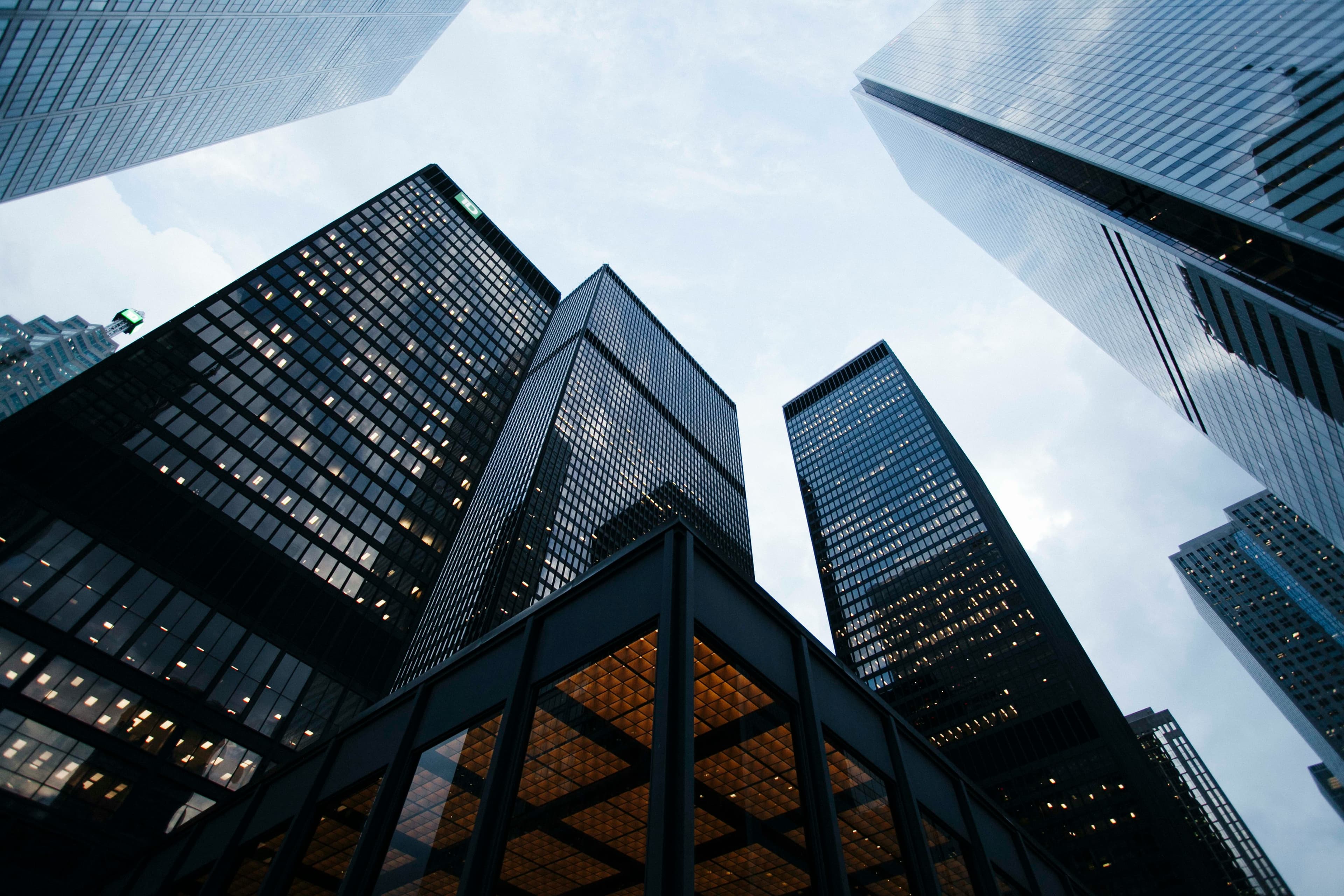 Downtown office buildings viewed from below